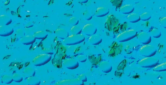 Tecnopolimero di base con fibre e lubrificanti solidi, ingrandito 200 volte, colorato